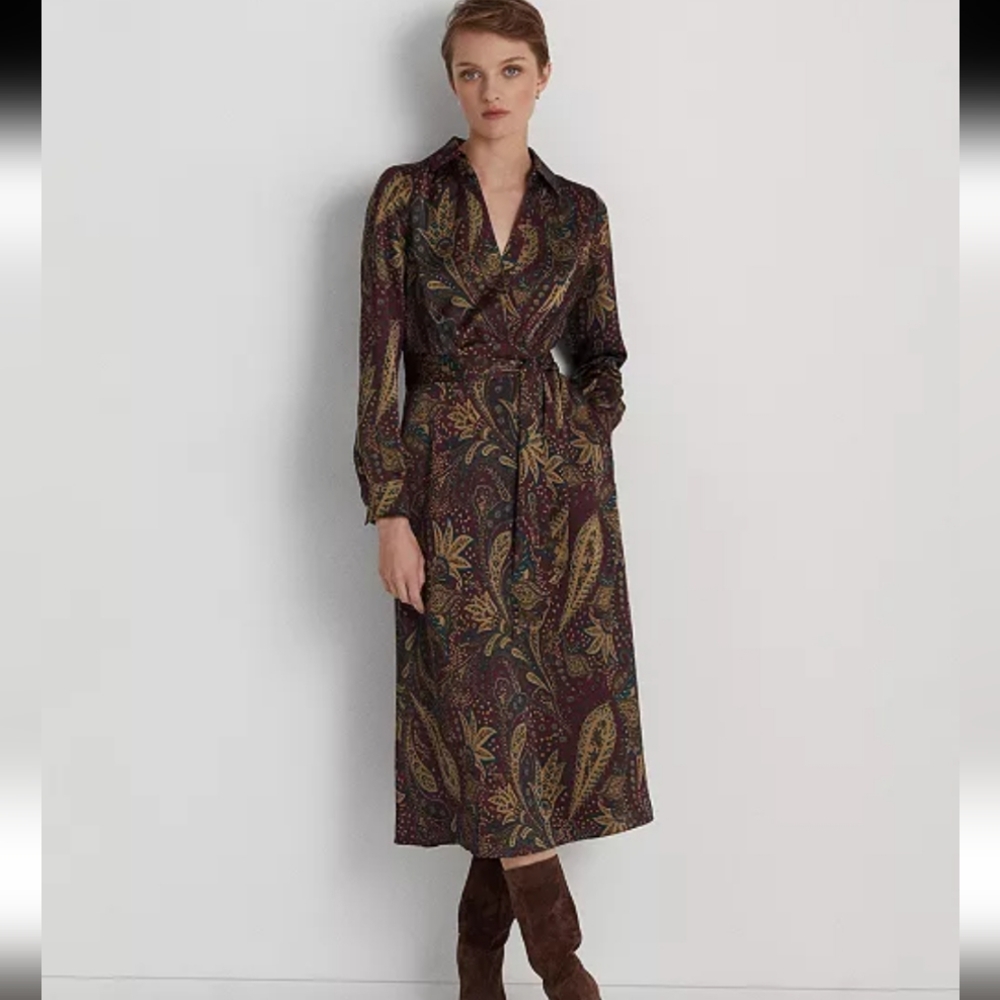 Ralph Lauren Paisley Long Sleeve Paisley Charmeuse Midi Dress